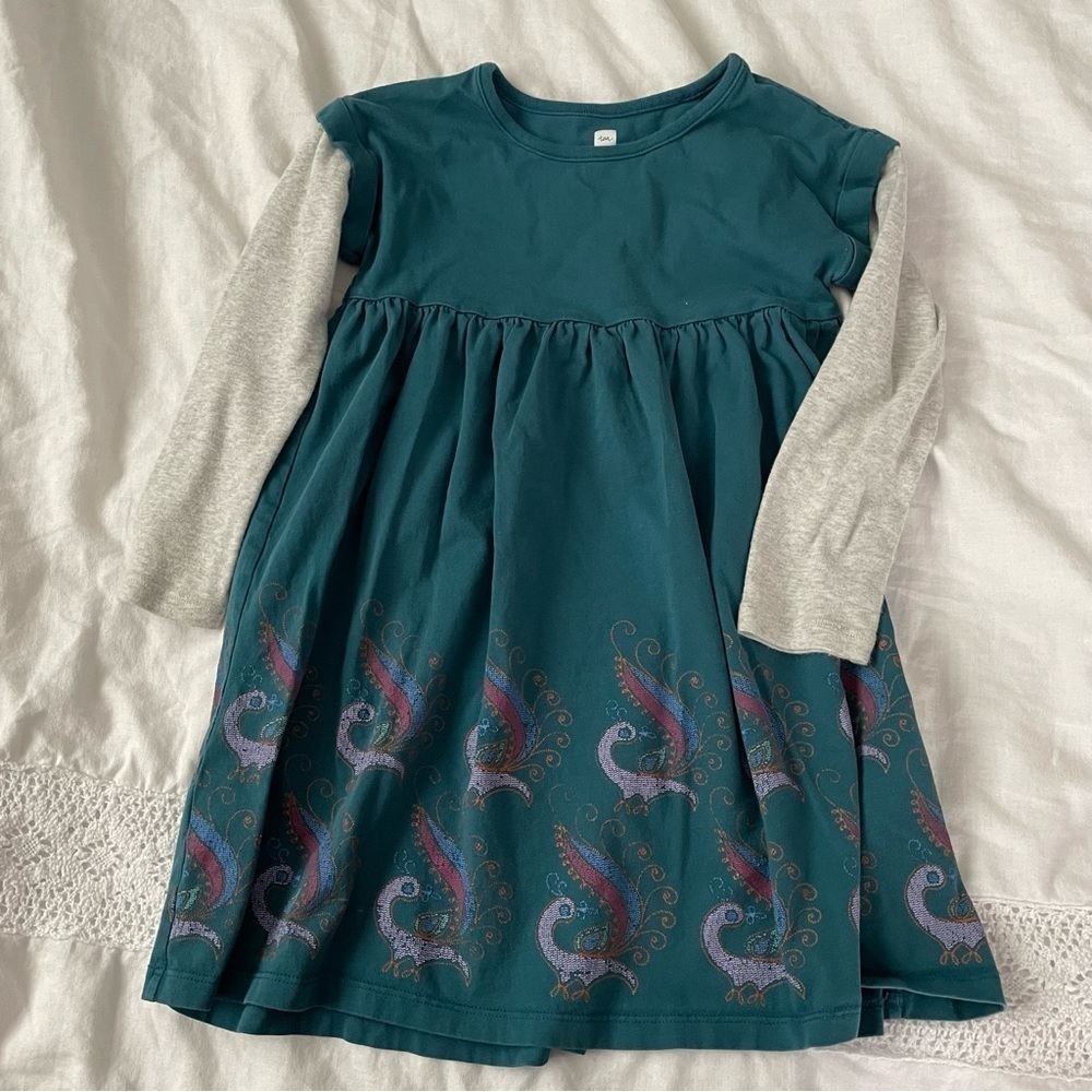 Tea Collection size 6 Girls Teal Peacock Dress with Grey Long Sleeve 100%cotton